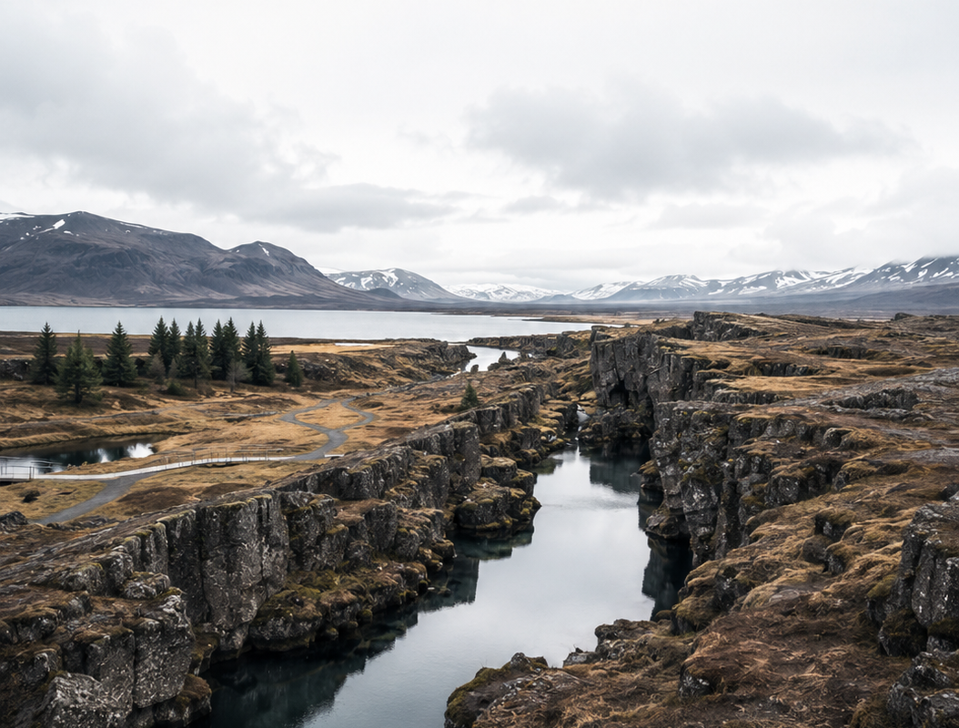 Þingvellir - loftmynd af gjánni og stöðuvatninu